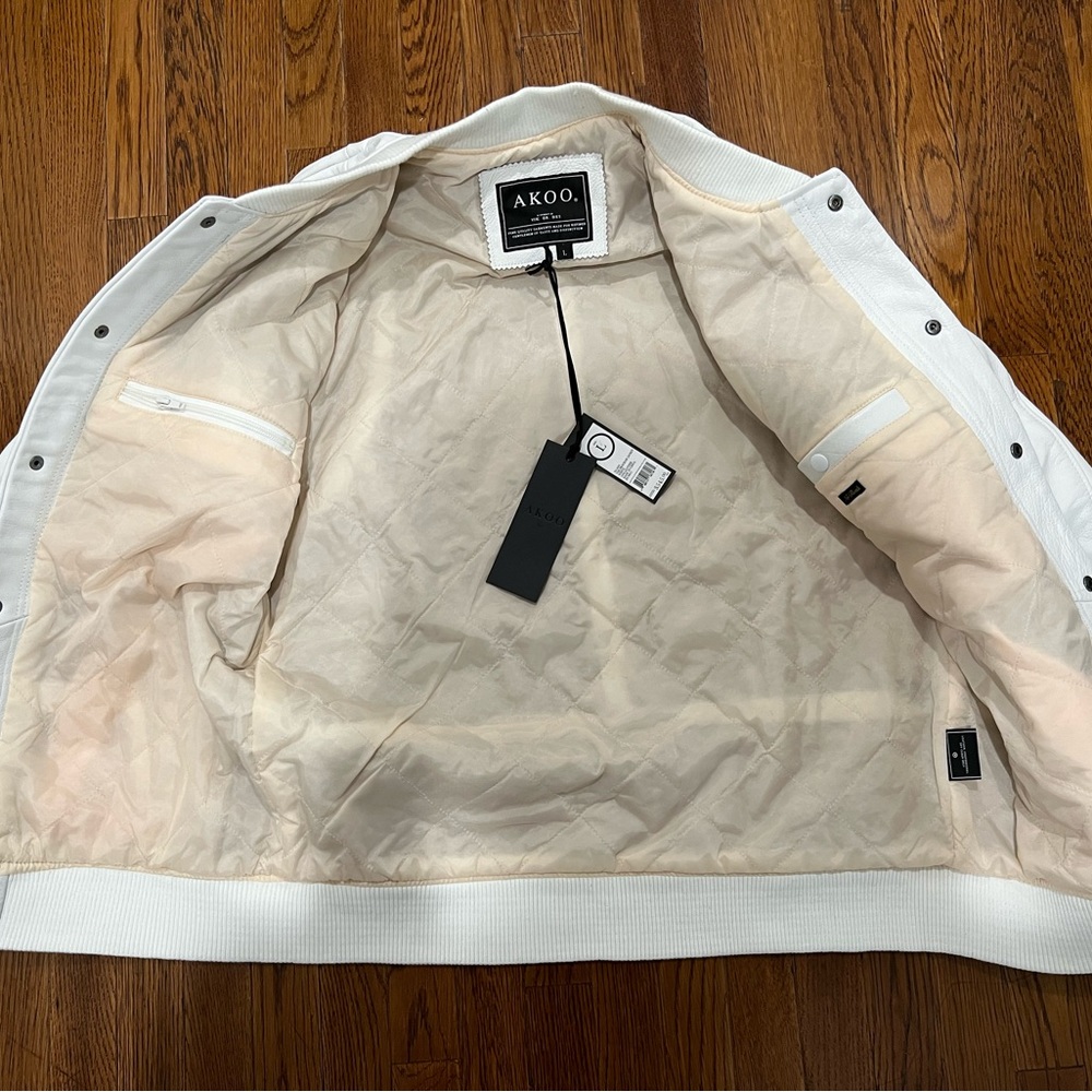 Akoo white leather bomber brand NWT